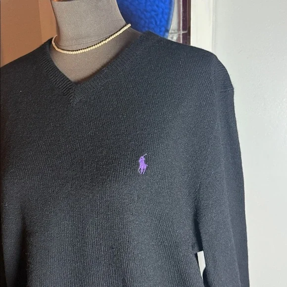 Polo Ralph Lauren Vintage 100% Lambswool V Neck Sweater SZ Large Black